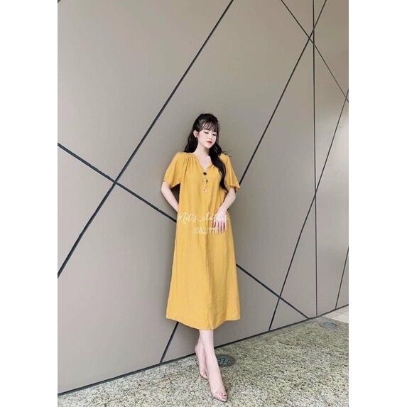 Đầm bầu vàng cổ V thời trang công sở
