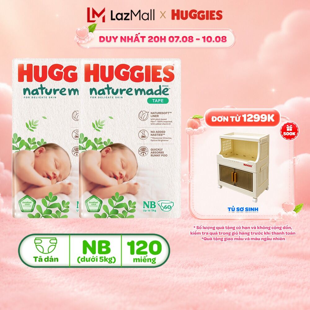 Combo 2 Tã/Bỉm dán Huggies NatureMade NB60/S82/M64/L54/XL44