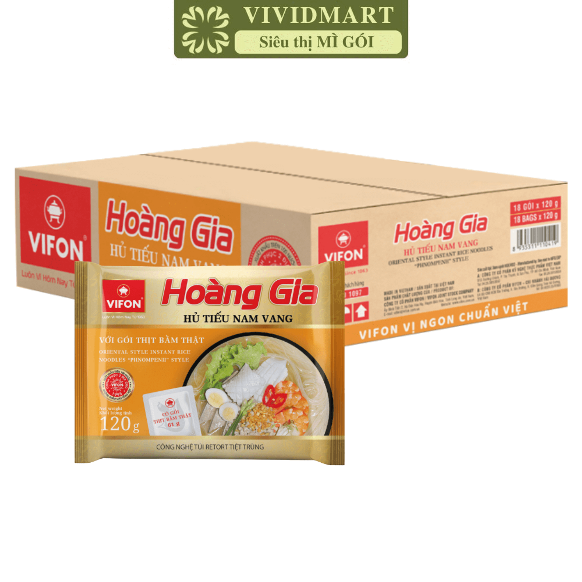[THÙNG 18 GÓI] - VIFON - Hủ tiếu Hoàng Gia hương vị Hủ Tiếu Nam Vang (có thịt thật) (120g/gói) - Hủ Tiếu gói Vifon, Hủ Tiếu Hoàng Gia