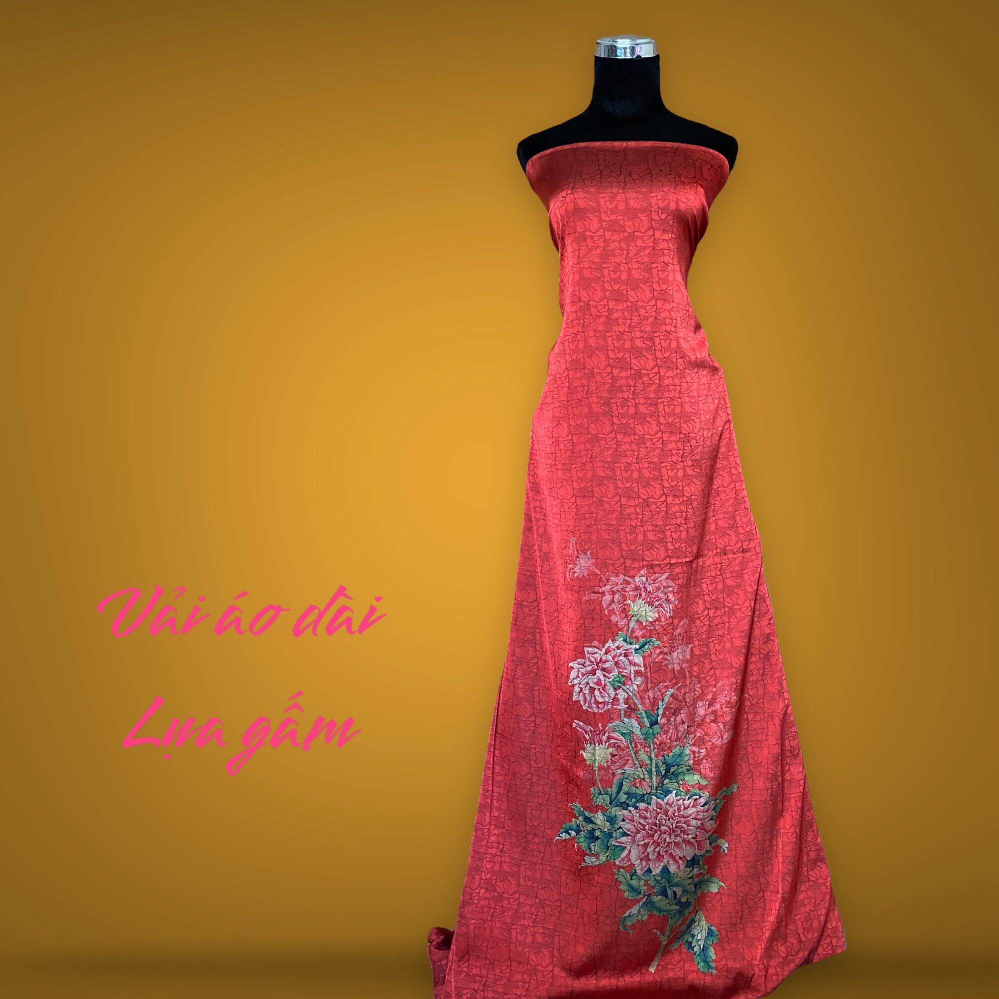 Vải lụa gấm hoa chân nền đỏ may áo dài 2 mét