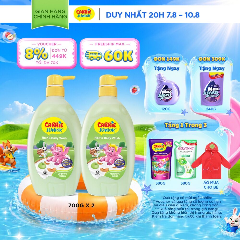 Combo 2 chai Sữa Tắm Gội cho bé Carrie Junior chiết xuất trái cây thiên nhiên Yoghurt Hương Dưa Lưới 700g/chai
