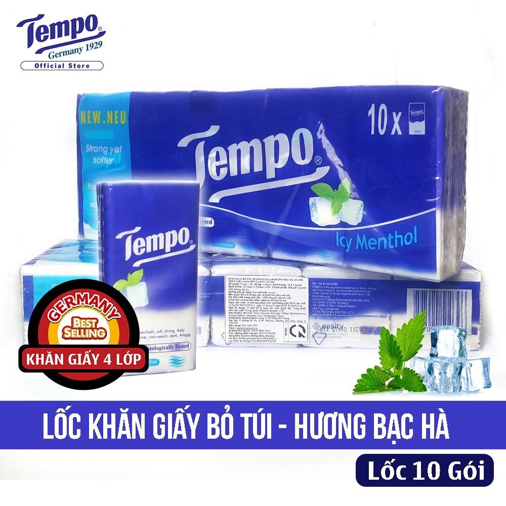 Lốc 10 gói khăn giấy bỏ túi tempo hương bạc hà - 8 tờ/gói