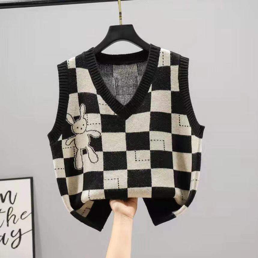 Áo Vest Kẻ Caro Thỏ Nữ Mùa Xuân 2022 Cổ Chữ V Không Nút Dài Thường Ngày Tay Ngắn Màu Trơn Quần Áo Làm Việc