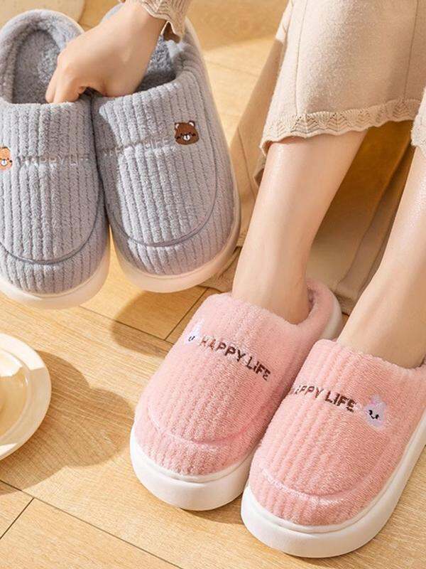 Dép Bông Đế Cao Su Chống Trượt Cho Nữ Mùa Đông 2024 Dép Lông Cừu Thoải Mái Cho Gia Đình Dép Đế Bằng Đế Bằng