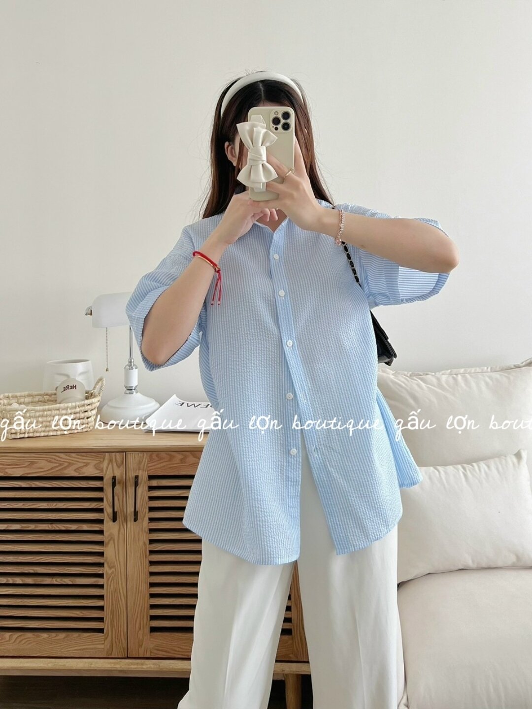 áo sơ mi kẻ sọc dáng rộng chất xốp