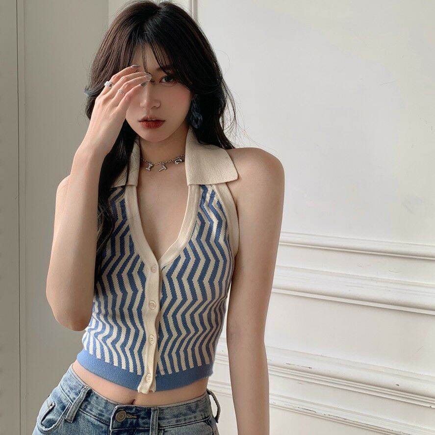 Áo croptop yếm nữ sọc xanh gài nút cổ bẻ