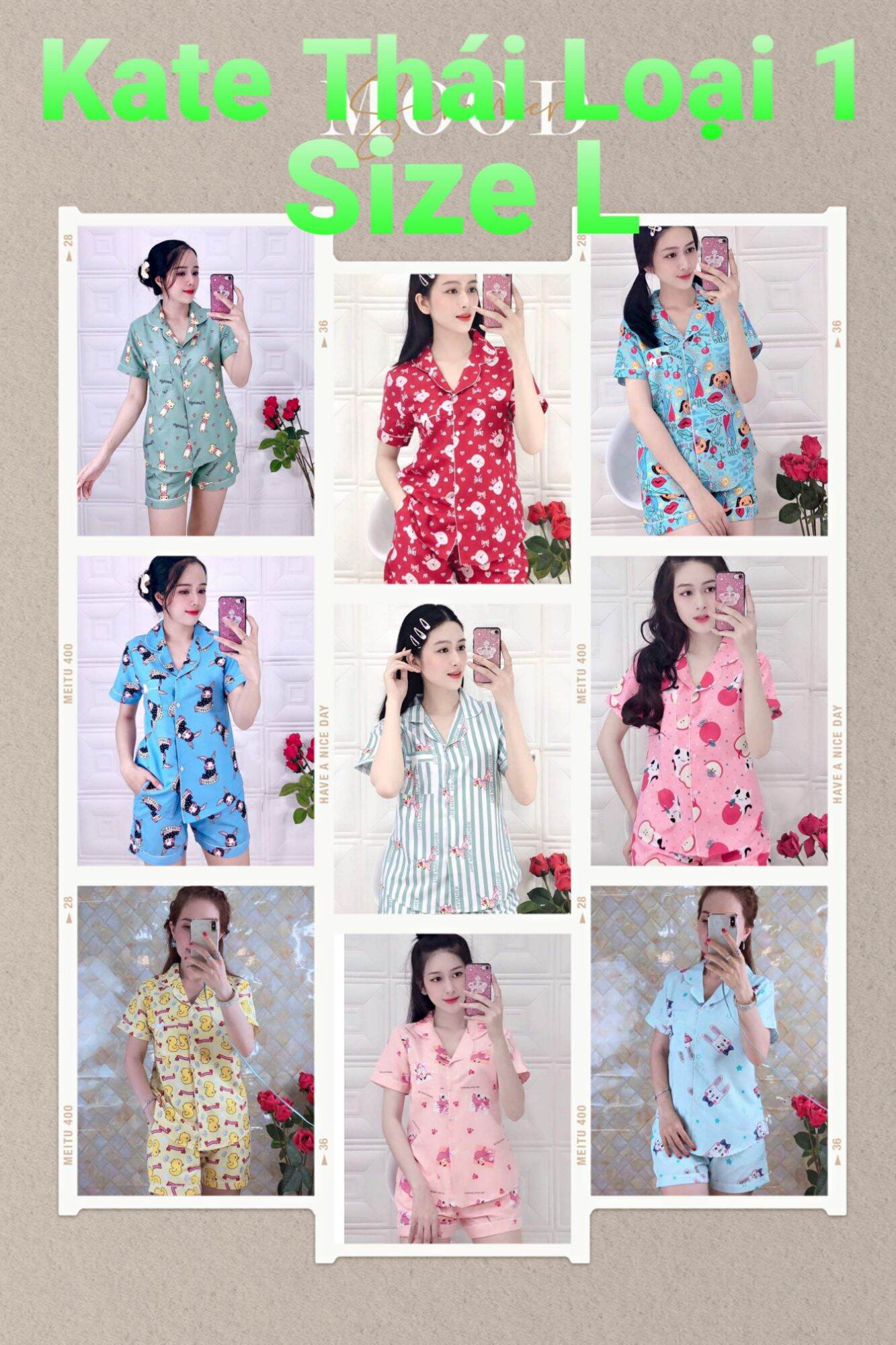 Bộ kate thái quần đùi họa tiết xinh xắn_size l dưới 57kg