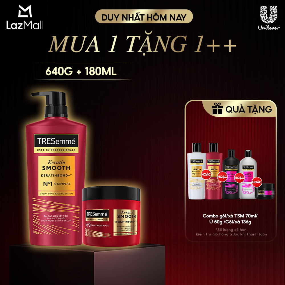 Combo Dầu Gội, Kem Ủ TRESemmé Keratin Smooth Keratinbond+ 640g, 180ml Cho Tóc Khô Xơ Rối Vào Nếp Suôn Mượt