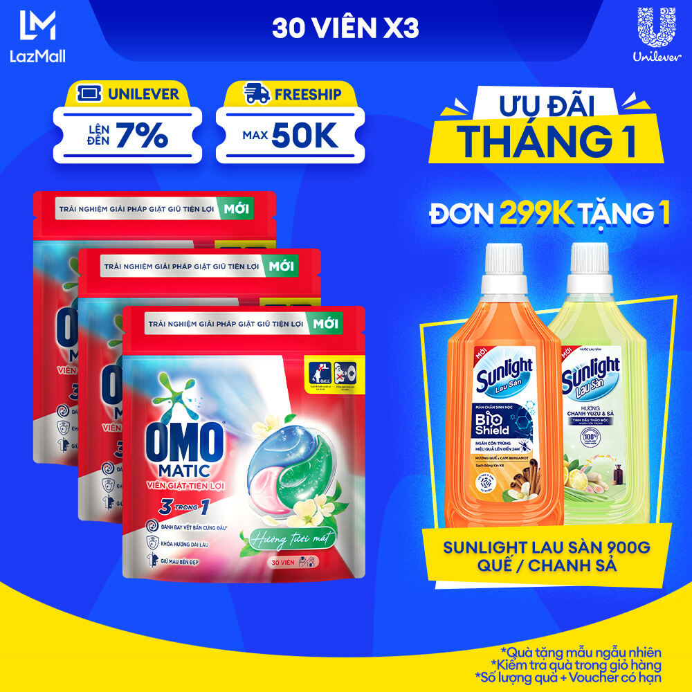 Combo 3 túi viên giặt tiện lợi OMO 3 trong 1 Hương tươi mát