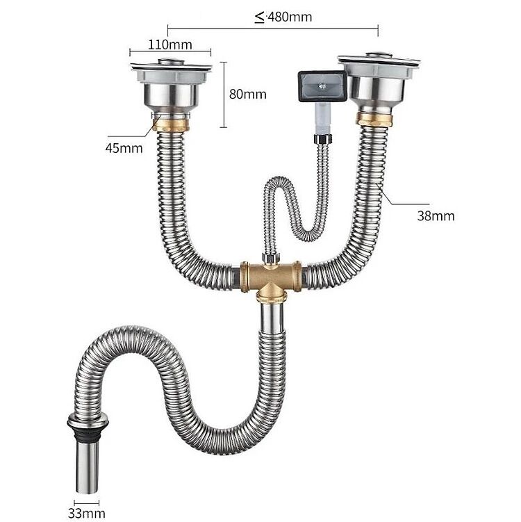Hệ thống thoát nước nhà bếp đôi -xi phông, ống thoát nước bồn rửa chén inox 110mm