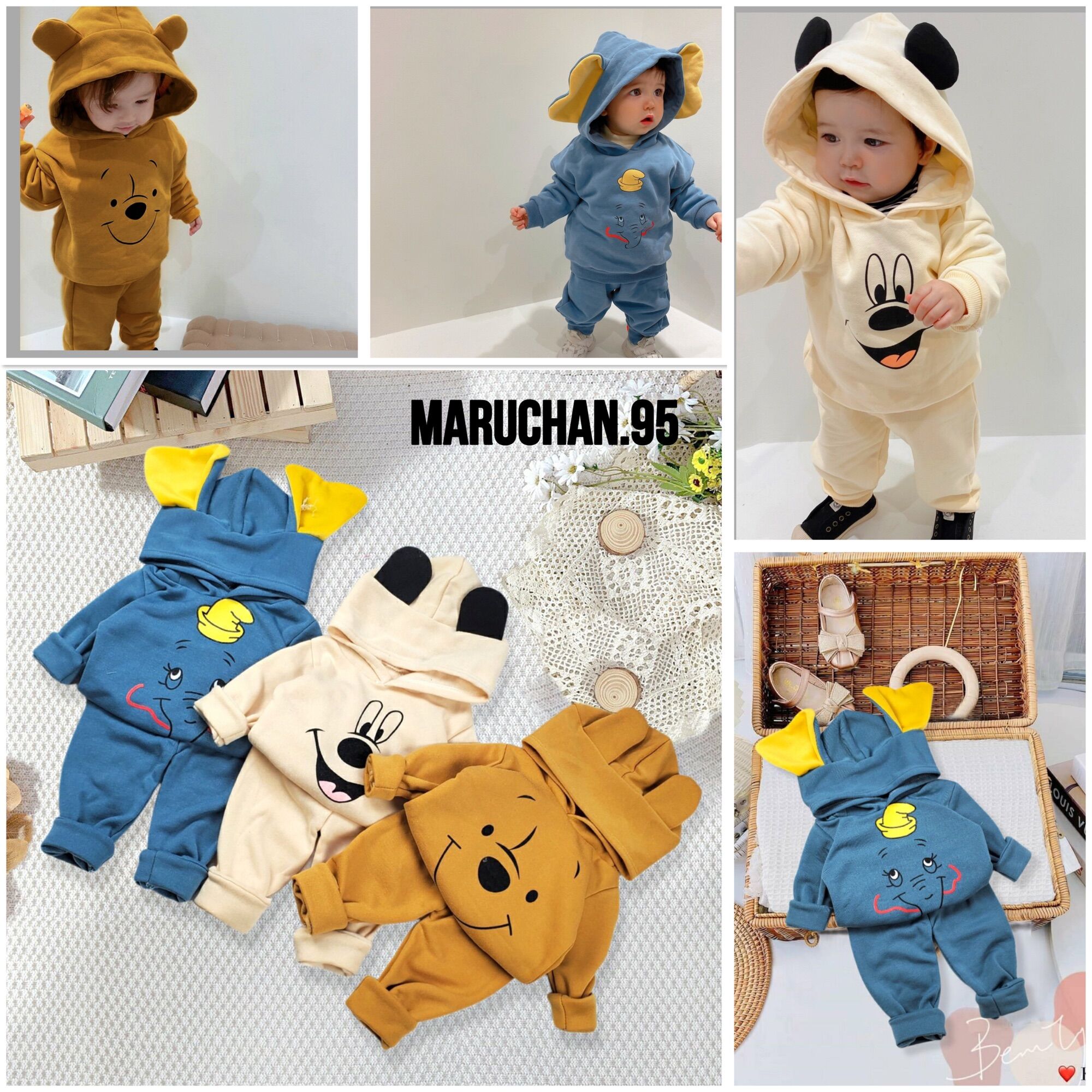 Bộ nỉ bông thu đông tai gấu dày dặn màu sắc bắt mắt cho bé trai bé gái size 7-15kg