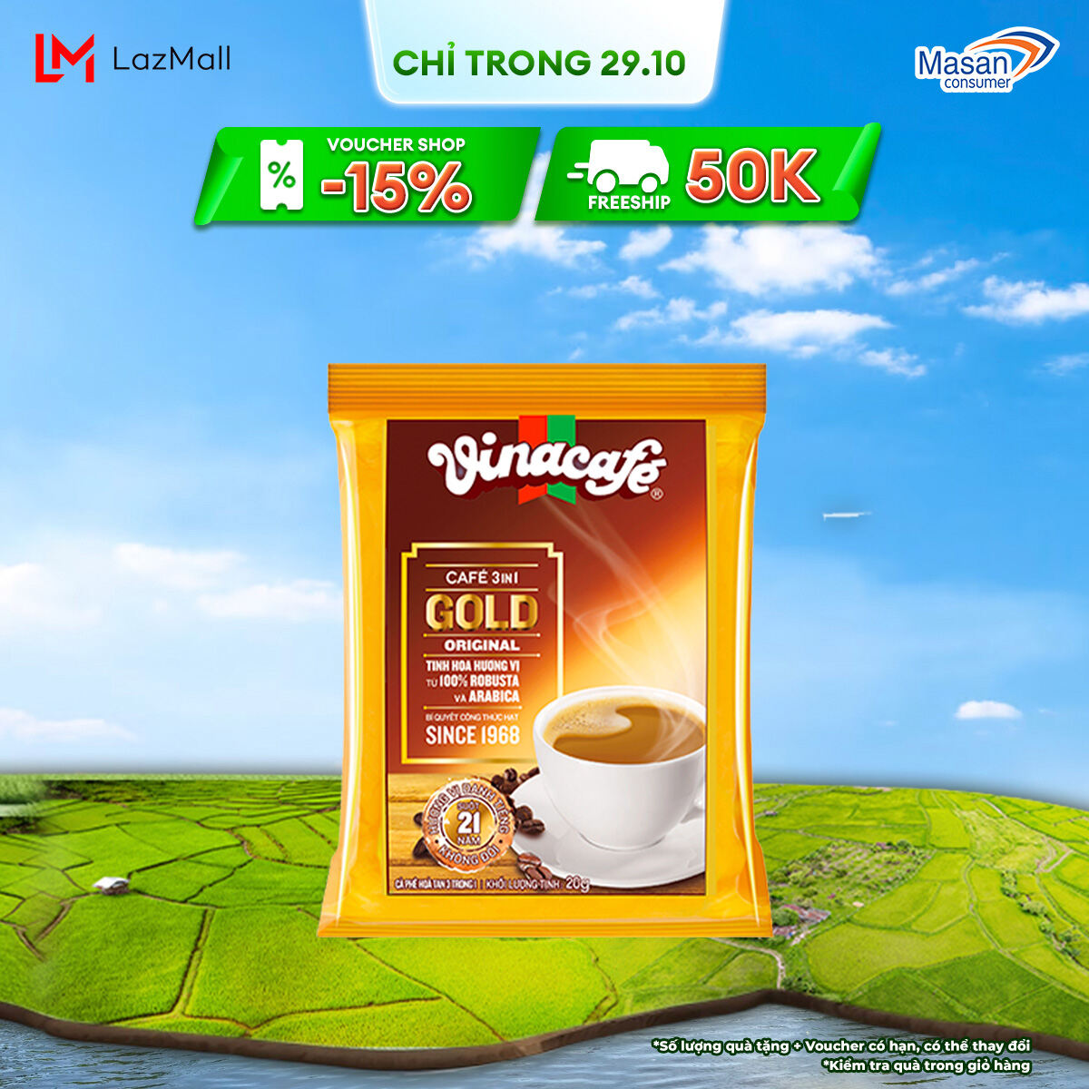 [CHỈ TRONG 25-29.10 VOUCHER 7% CHO ĐƠN TỪ 99K]  Cà Phê Vinacafé 3in1 Gold Original - Túi 24 Gói x 20g