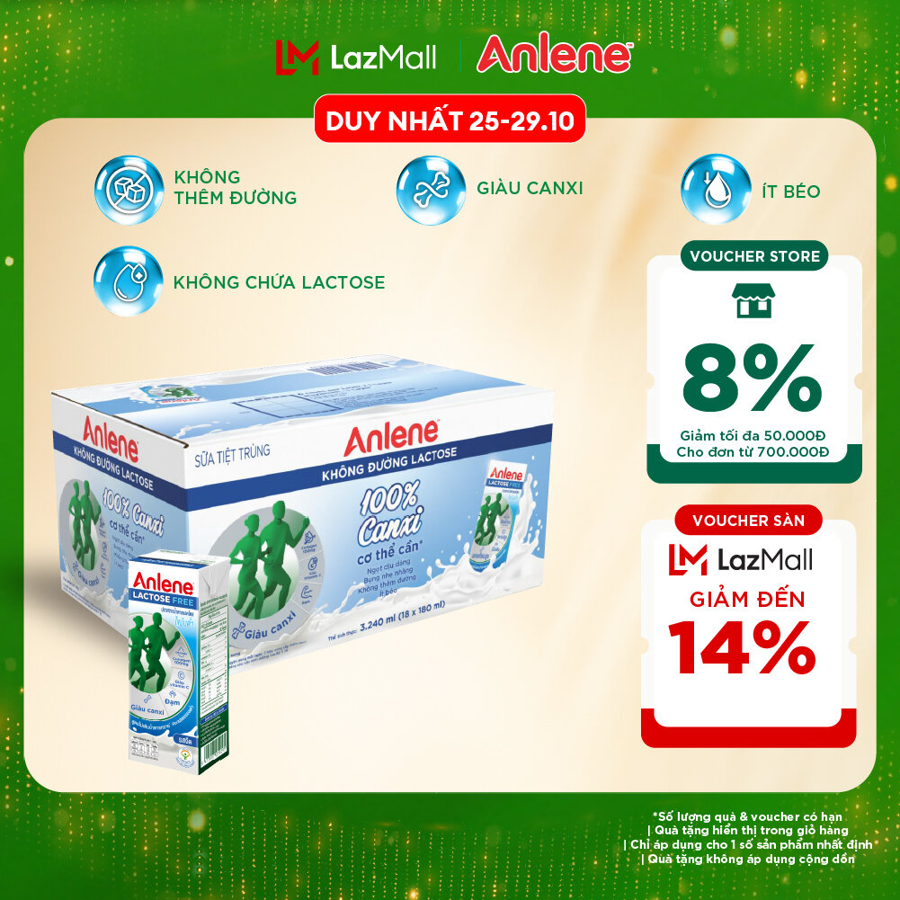 Thùng 18 hộp sữa Anlene không đường Lactose vị nguyên bản 180ml