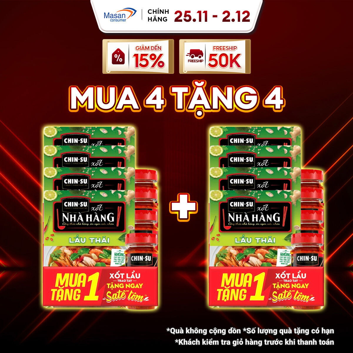 25.11-02.12 Voucher 18% CHO ĐƠN TỪ 199K Chọn loại Gói Xốt CHIN-SU Lẩu Thái Mới gia vị hoàn chỉnh 180gr KM hũ sa tế CHIN-SU tôm ớt sả 90gr