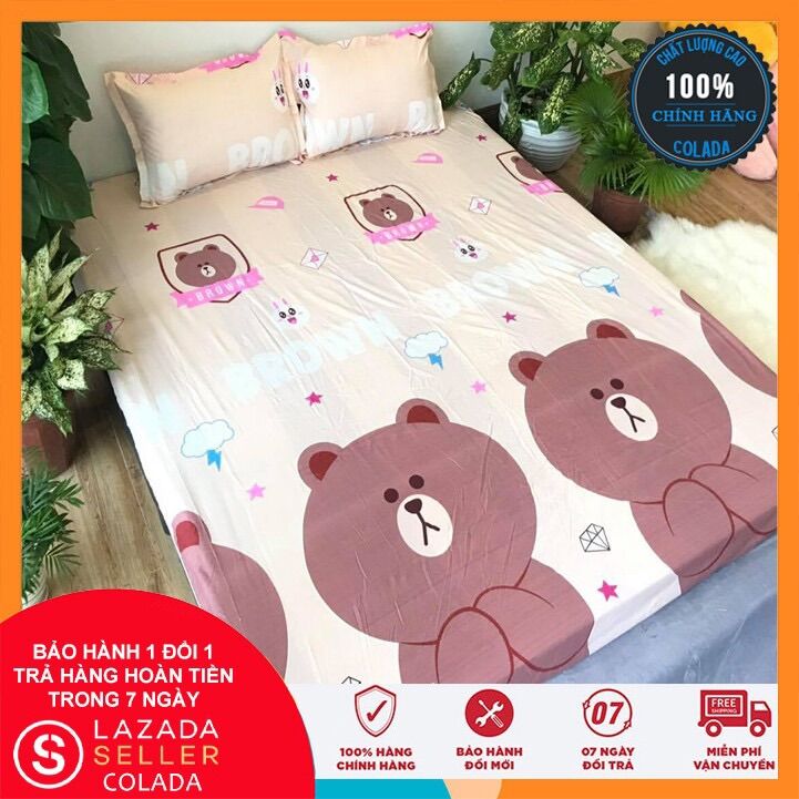Bộ ga gối Cotton Poly GẤU NÂU, set 3 món gồm 1 ga trải giường, 2 vỏ gối nằm, chất liệu an toàn, thoáng mát, bền màu, miễn phí bo chun.