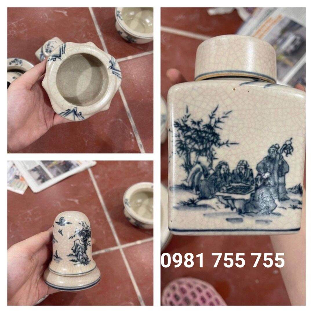 ( ko khay gỗ ) Bộ ấm chén dáng Dáng Nhật - Ấm trà men rạn cổ Bat Tràng cao cấp