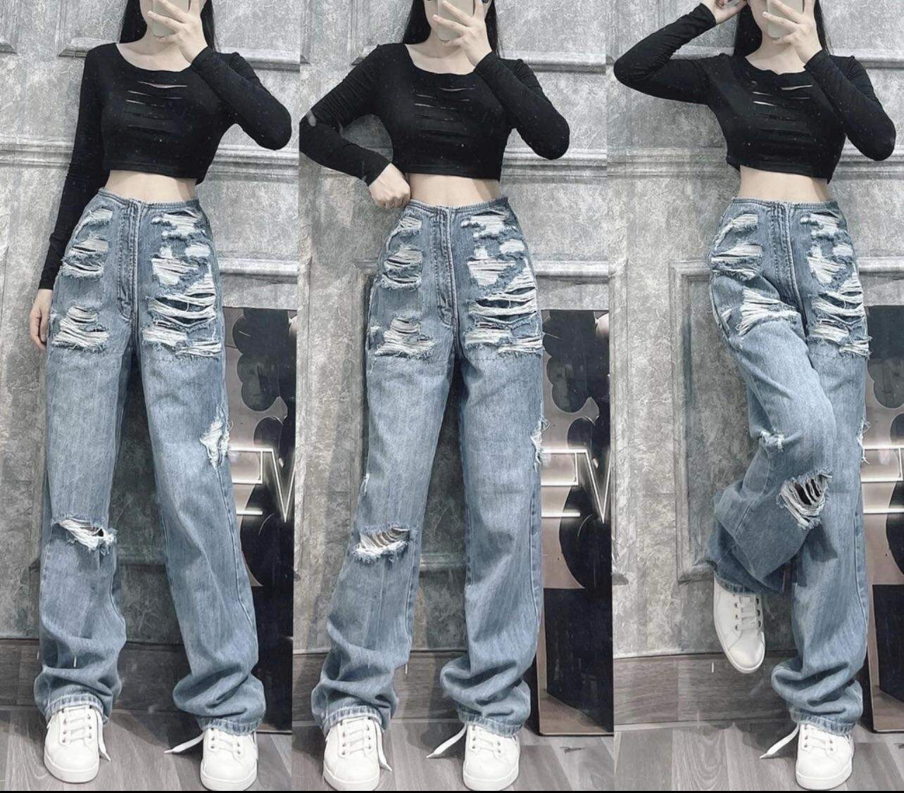 QUẦN JEANS RỘNG NỮ LƯNG CAO KHÔNG TÚI TRƯỚC RÁCH TE TUA LƯNG PHỐI MẢNG GỐI XANH NHẠT TÔN DÁNG CÁ TÍNH