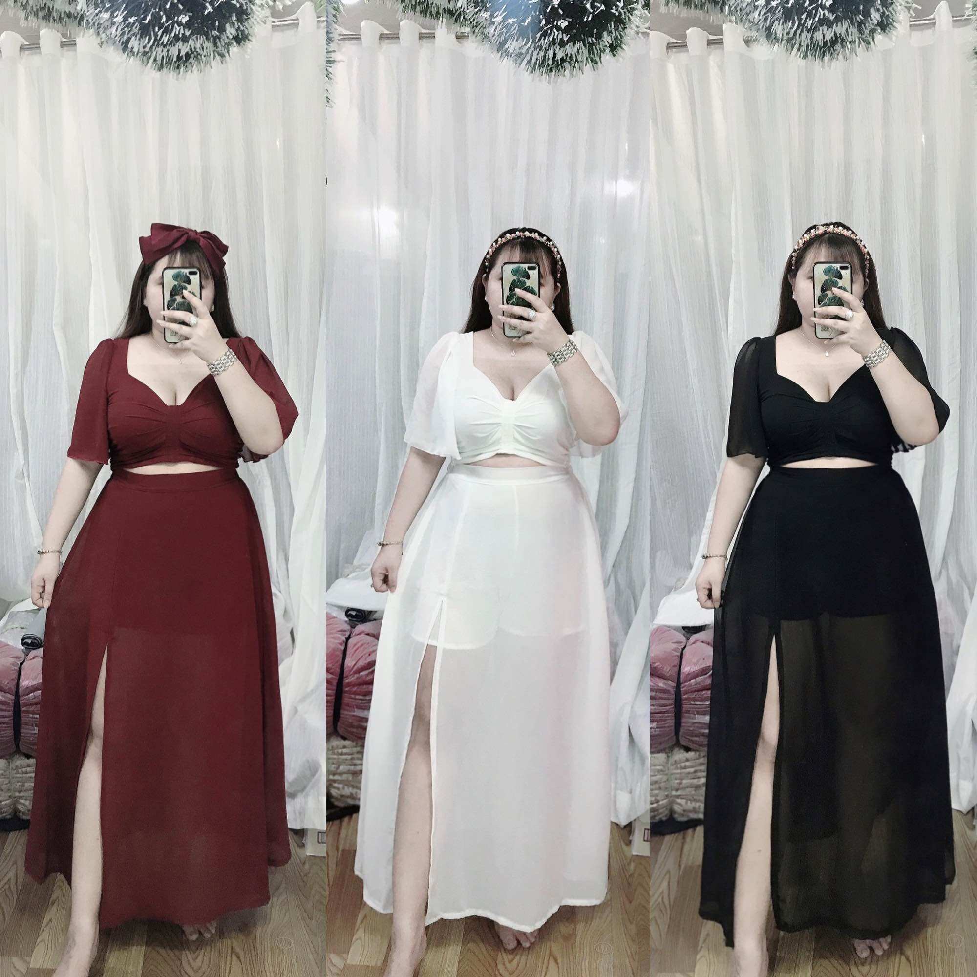 [Bigsize 65-90kg] Set áo chân váy voan xẻ tà
