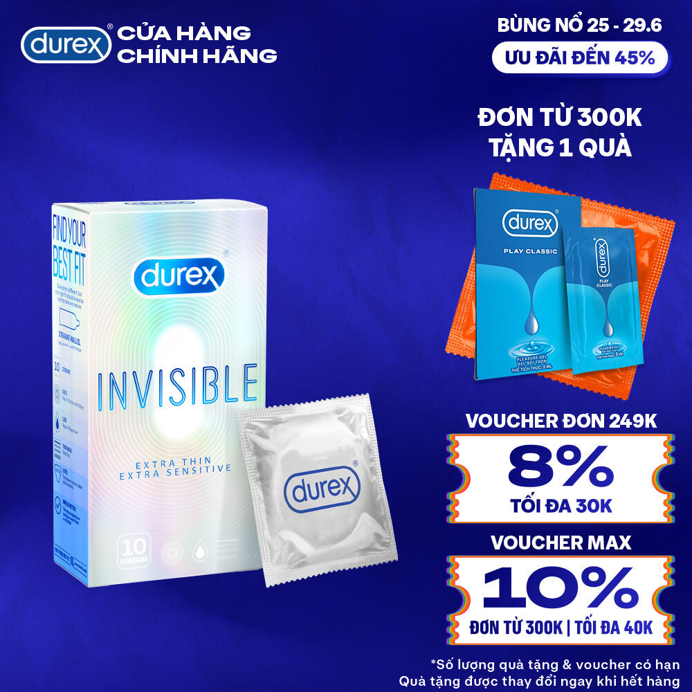 [25-29.06 - Voucher đến 45K] Bao cao su Durex Invisible siêu mỏng, size 52mm, hộp 10 bao