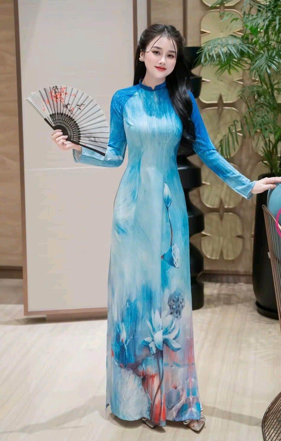 áo dài thêu in thủ công sen mẫu mới