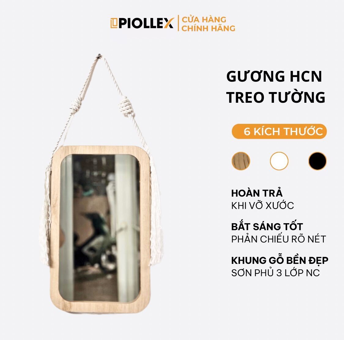 Gương Hình Chữ Nhật Treo Tường PIOLLEX Viền Gỗ Tặng Kèm Dây Thừng Decor