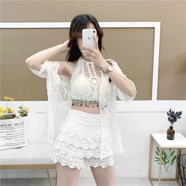 Bikini len đi biển nữ, set 3 món ren yếm hạt hàng Quảng Châu cao cấp Vivi Shop