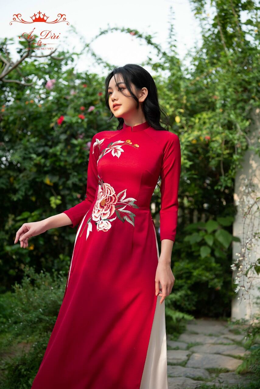 Bộ áo dài truyền thống may sẵn lụa tây thi cao cấp thêu hoa đẹp