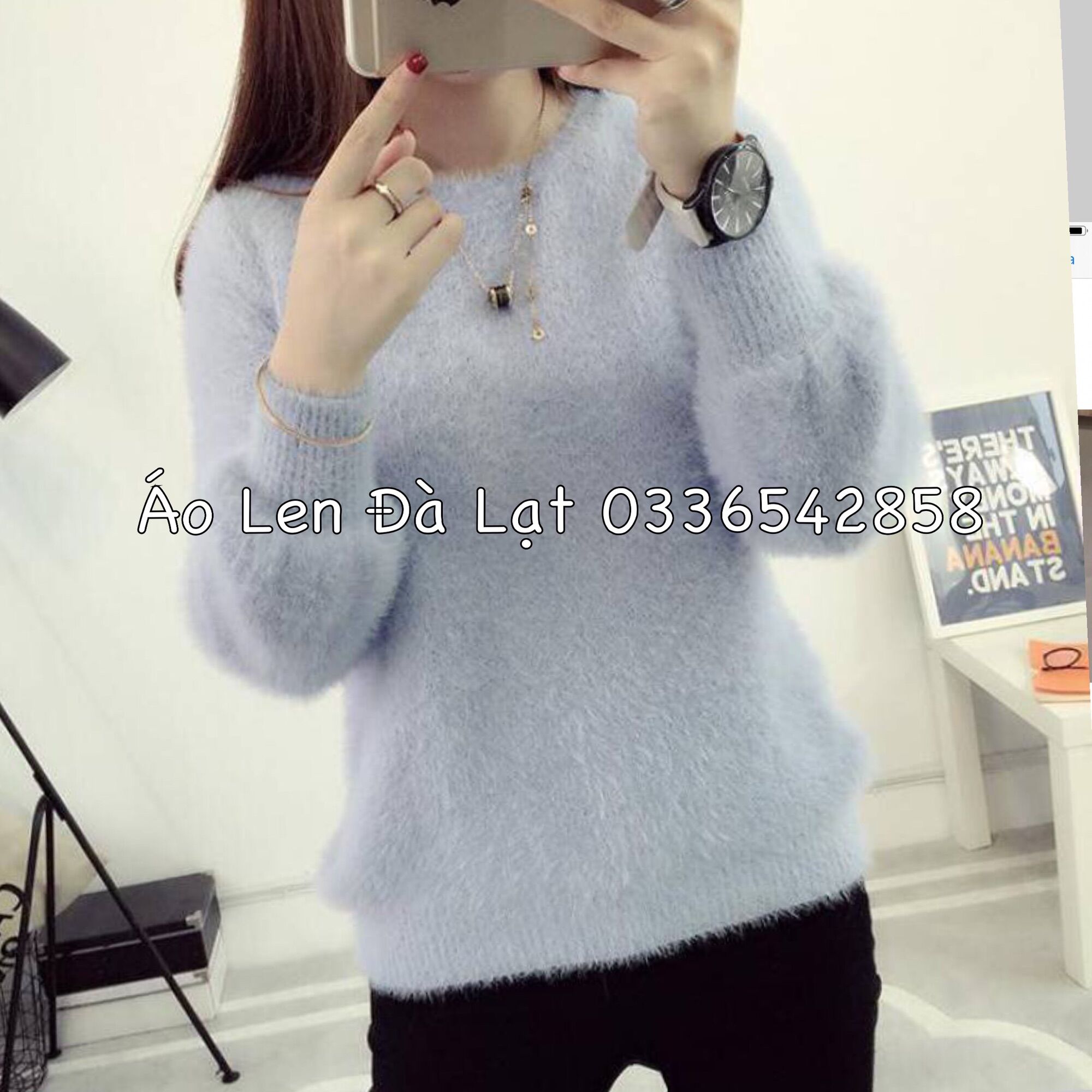 Áo len nữ cổ tròn lông thỏ!