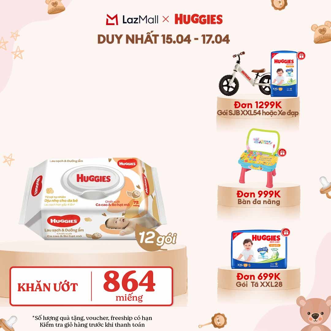 [CHỈ 18-24.04 GIẢM THÊM 90K]  Bộ 12 gói Khăn giấy ướt cho trẻ sơ sinh HUGGIES (Gói 72 tờ)-Chiết xuất Cao cao  Bơ hạt mỡ