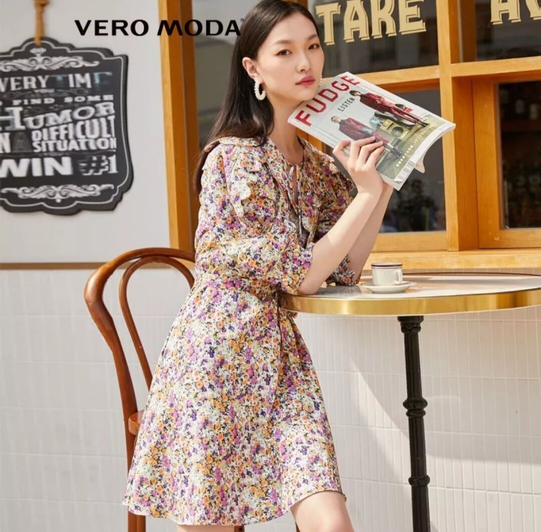 Vero Moda Đầm váy chữ A diềm xếp nếp hoa tay 3/4 cổ V newtag