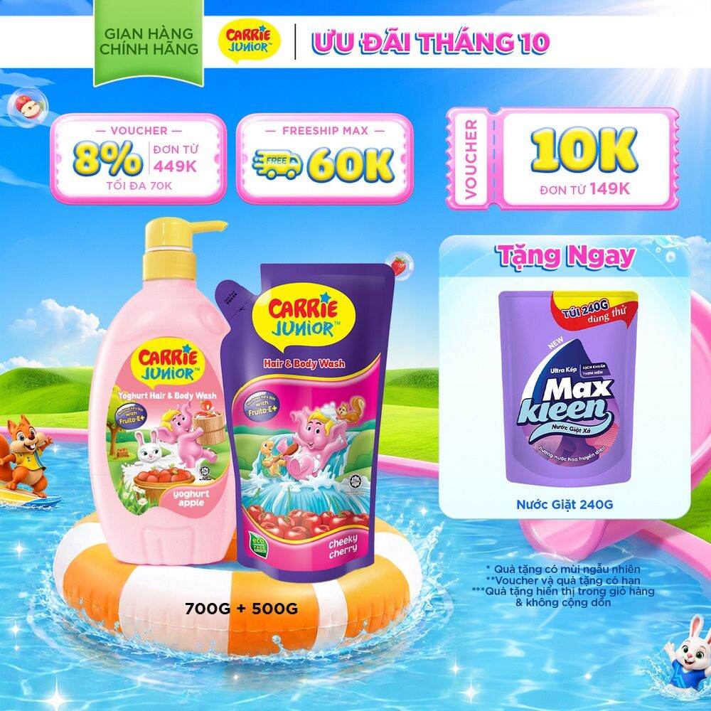 Combo Chai Sữa Tắm Gội Cho Bé Carrie Junior chiết xuất trái cây thiên nhiên Yoghurt hương Táo 700g + Cheeky Cherry 500g