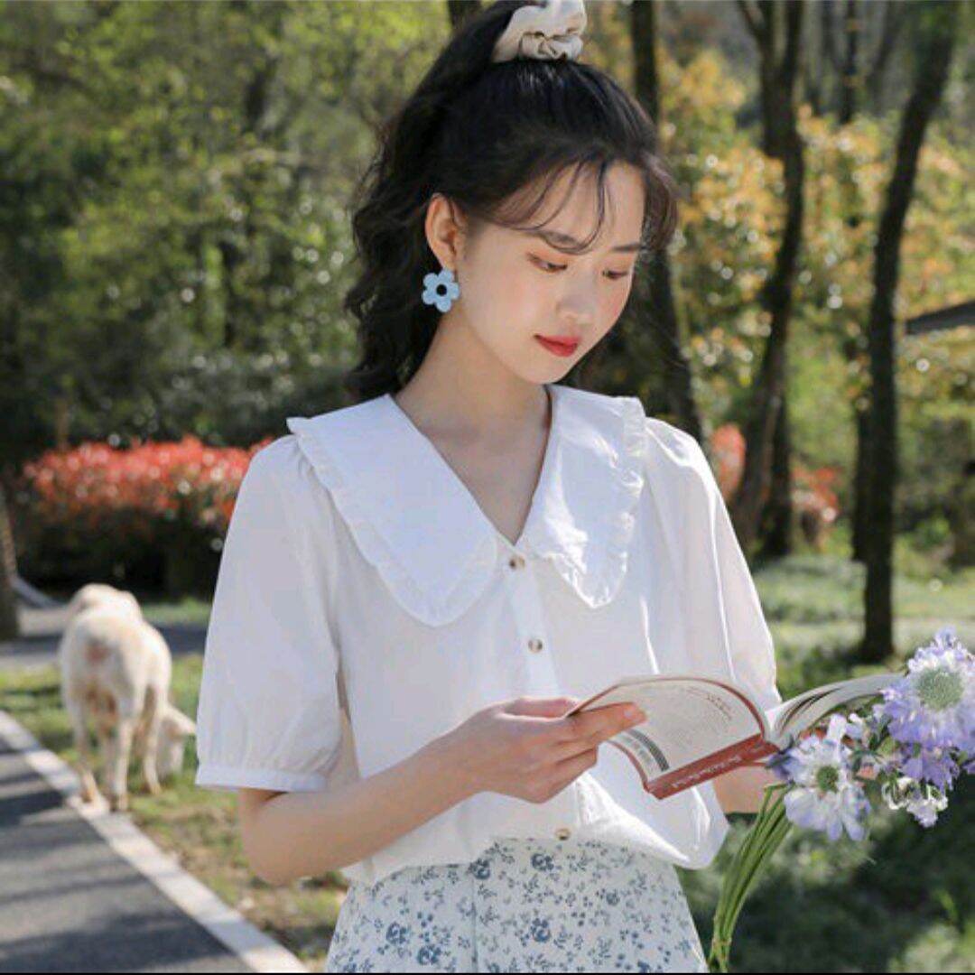 áo sơ mi cổ bèo cộc tay vintage ảnh thật