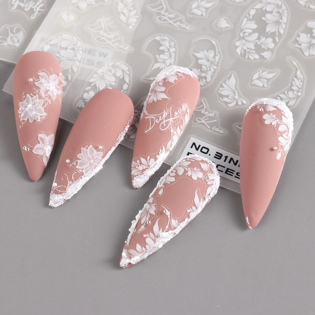 Sticker dán móng tay nail hoa Trắng loang sắc nét