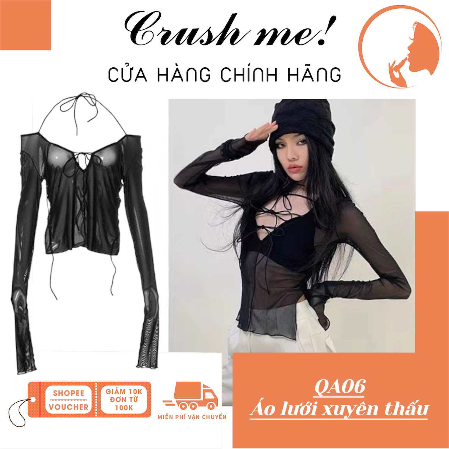 Crush me!QA06 Áo thun lưới ren mỏng xẻ tà buộc dây lưng cổ hack dáng y2k punk acubi vintage xuyên th