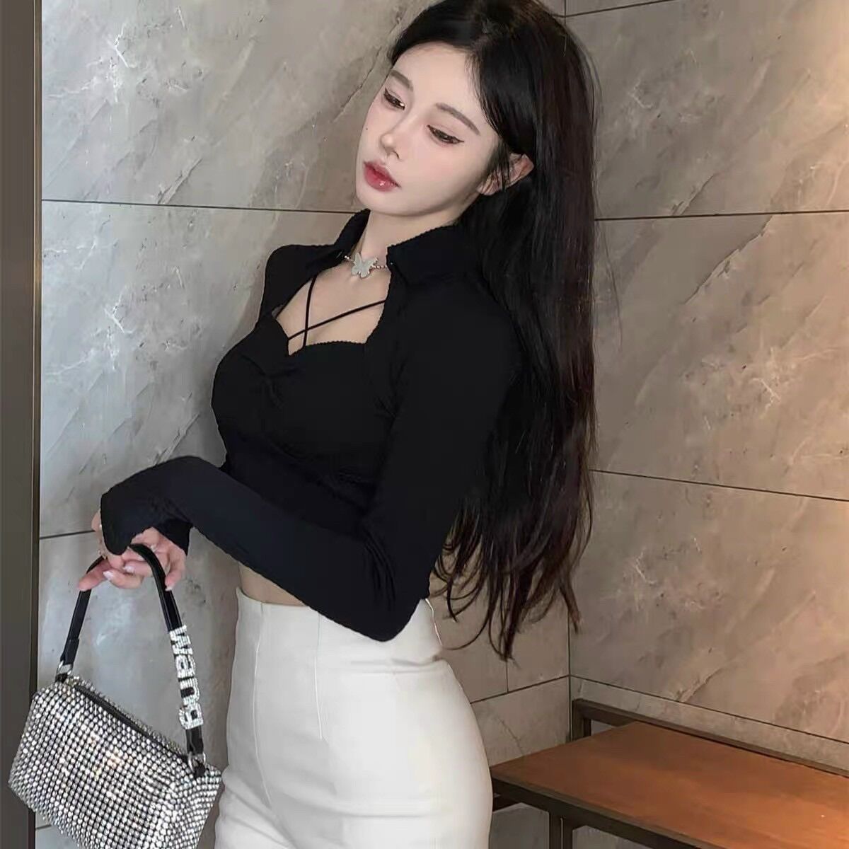 Áo tay dài cổ bẻ kiểu yếm mới BG