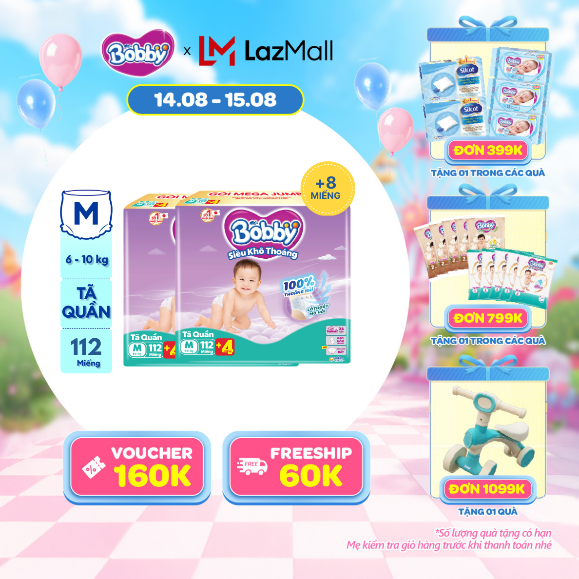 [12-14.08 QUÀ TO][TẶNG MIẾNG NGẪU NHIÊN] Combo 2 Tã/bỉm quần Bobby 3mm Mega Jumbo Siêu khô thoáng M112