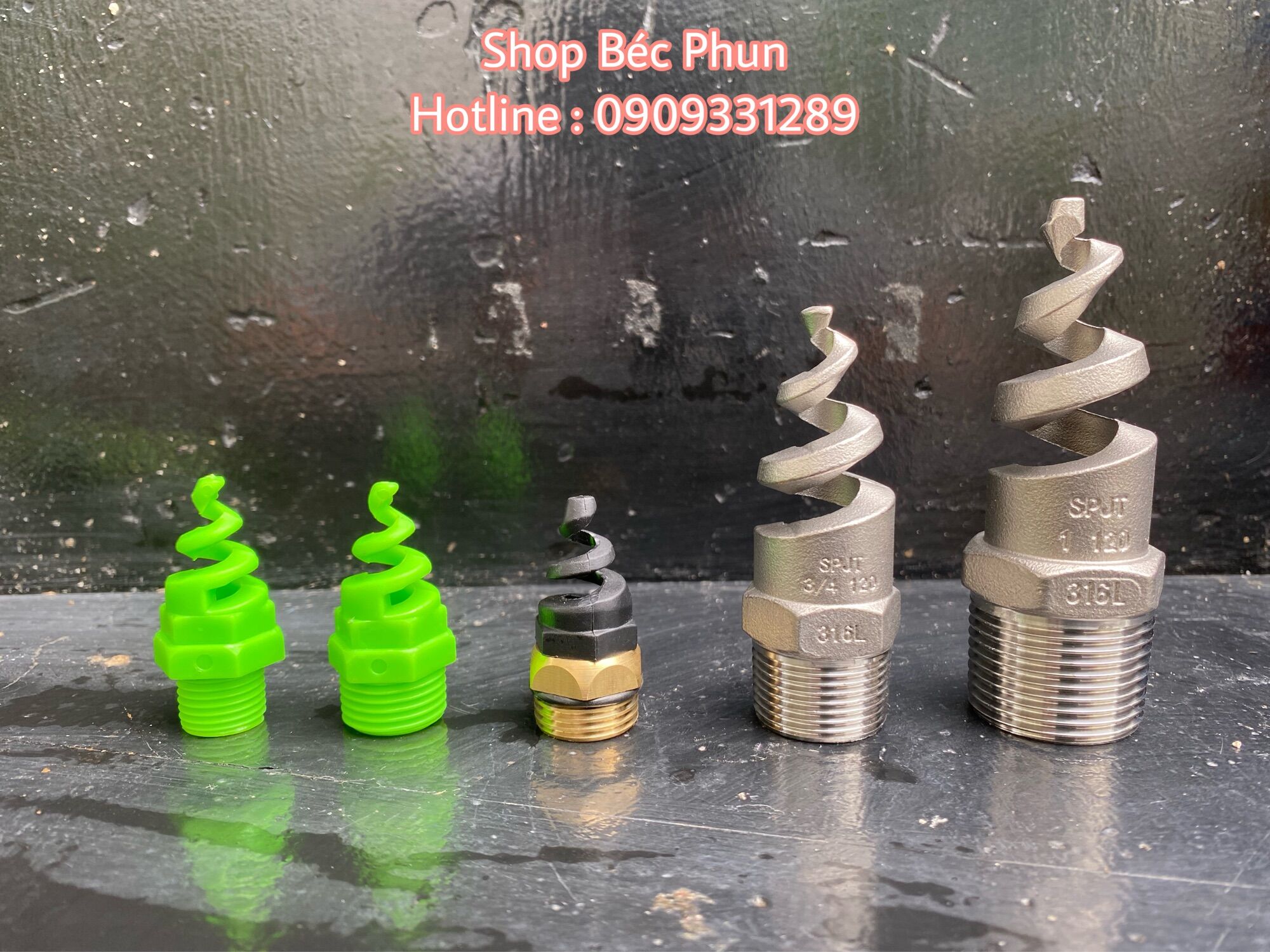 Béc phun xoắn ốc bằng đồng, inox 316 phi 21 27 34