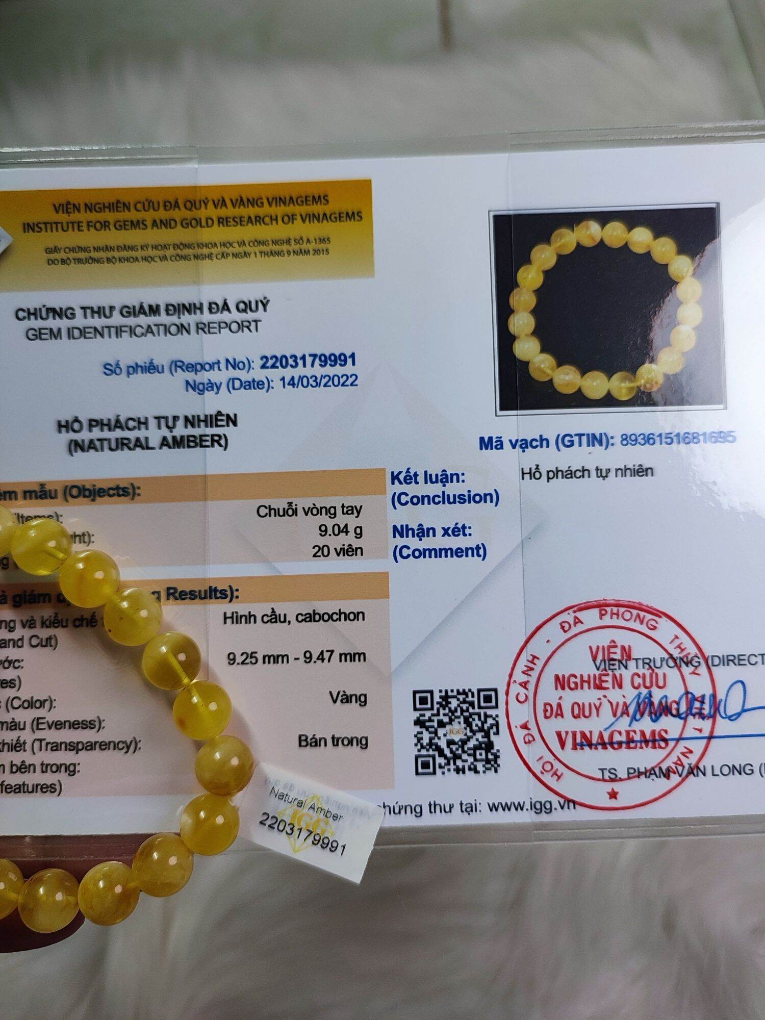 vòng tay hổ phách vàng mật lạp 9ly