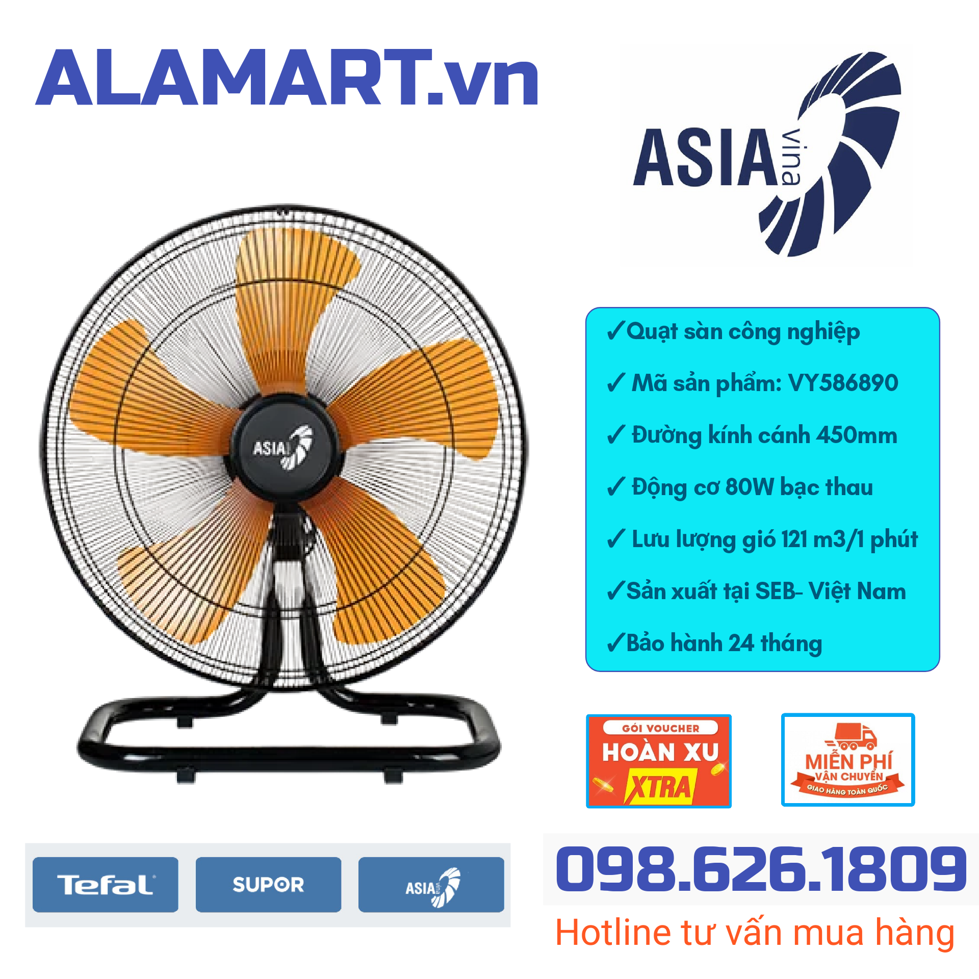 Quạt sàn bán công nghiệp asiavina - vy586890 - đen cam 80w