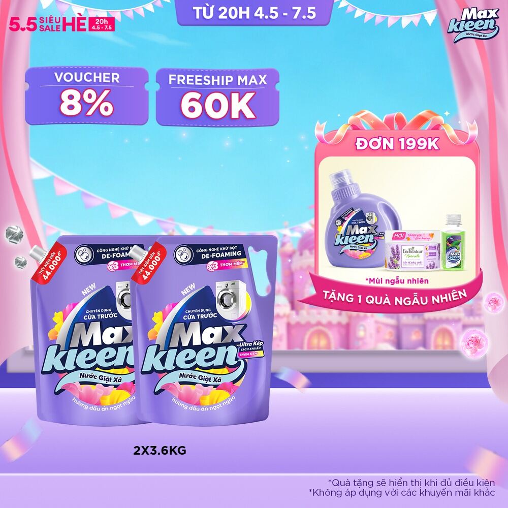 Combo 2 Nước giặt cho máy giặt cửa trước MaxKleen hương Dấu Ấn Ngọt Ngào 3.6kg