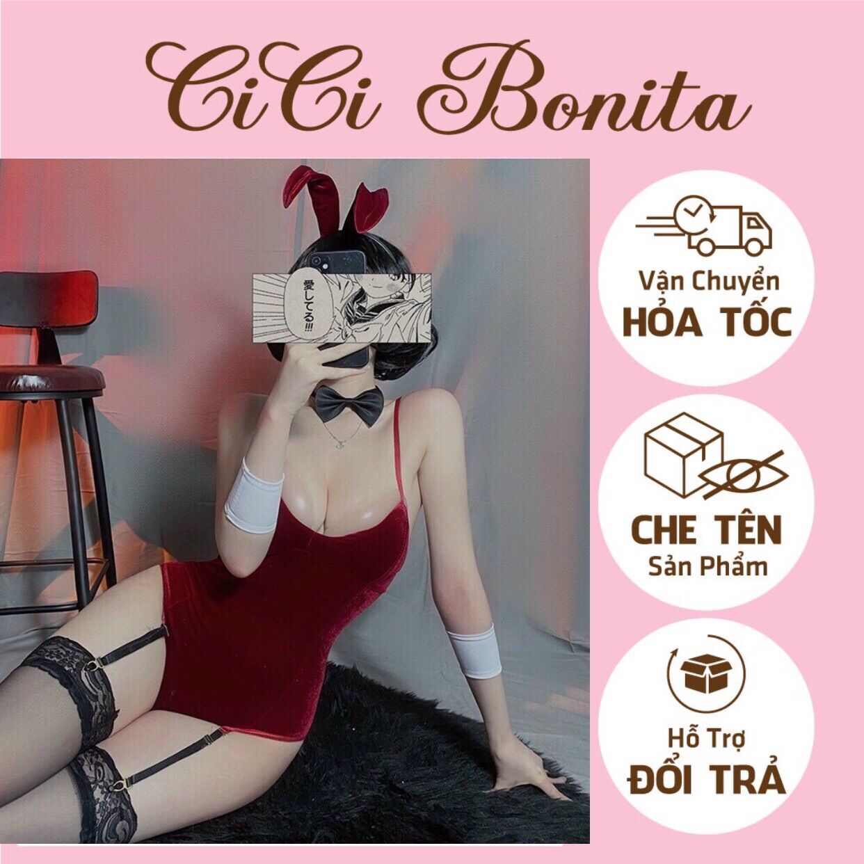 Set cosplay thỏ nhung sexy đỏ,đen cp51 cici bonita hcm- che tên sp