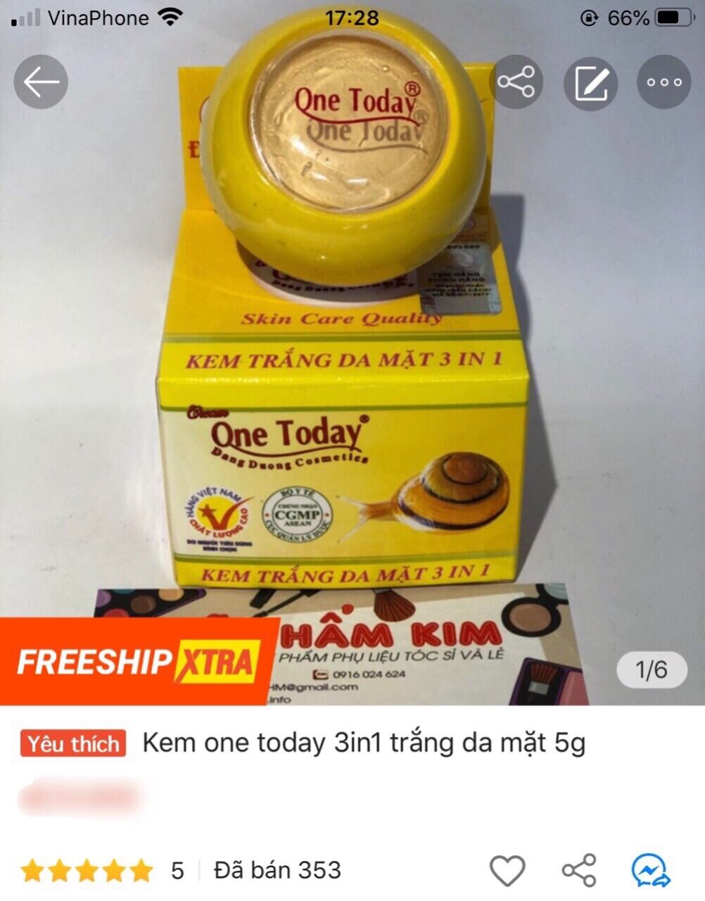 Kem one today 3 in 1 trắng da mặt 5g- kem ốc sên onetoday đăng dương chính hãng công ty