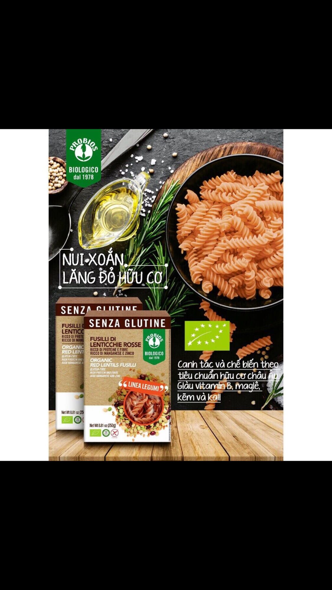 [ Tách lẻ 50g ] Nui xoắn đậu lăng đỏ hữu cơ Probios - Ý