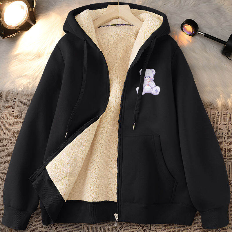 Nữ Mùa Thu Mùa Đông Tay Dài Lông Cừu Lót Dày Dặn Áo Khoác Cardigan Áo Nỉ Áo Sweatshirt Nhung Cừu Khó