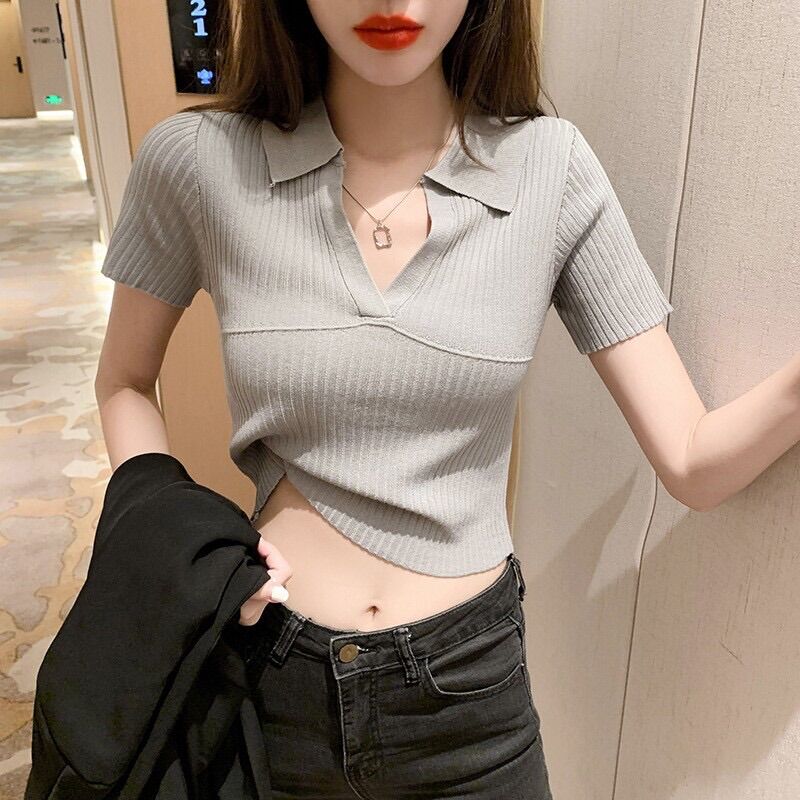 Áo croptop tay ngắn cổ V, len dệt kim phong cách Hàn Quốc năng động