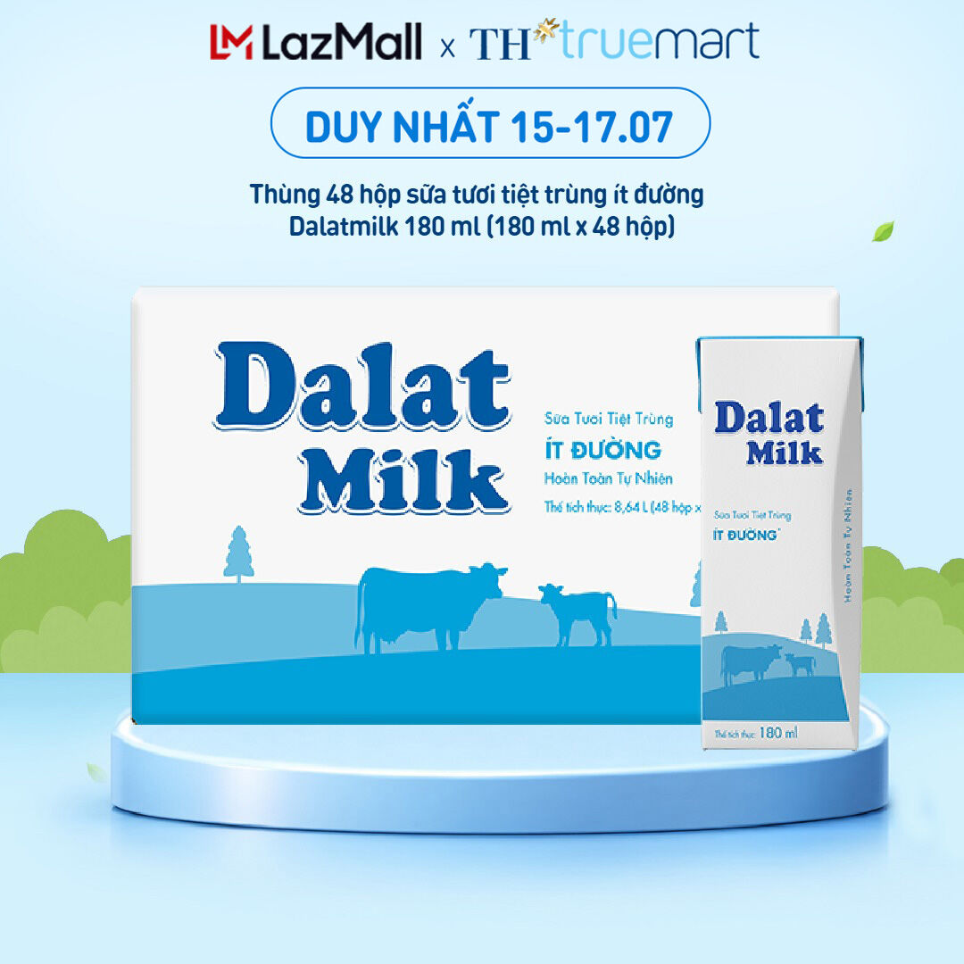 Thùng 48 hộp sữa tươi tiệt trùng Dalatmilk ít đường 180 ml (180 ml x 48)