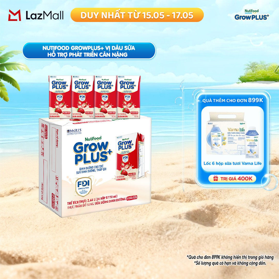 Thùng 24 hộp Sữa bột pha sẵn Nutifood GrowPLUS+ Vị Dâu Sữa hộp 110ml - Hỗ trợ phát triển cân nặng - (24 hộp x 110ml)