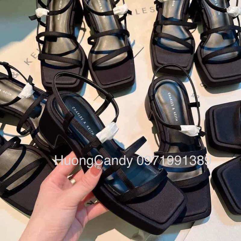 Sandal CK Dây đen gót vuông cao 5cm FULLBOX