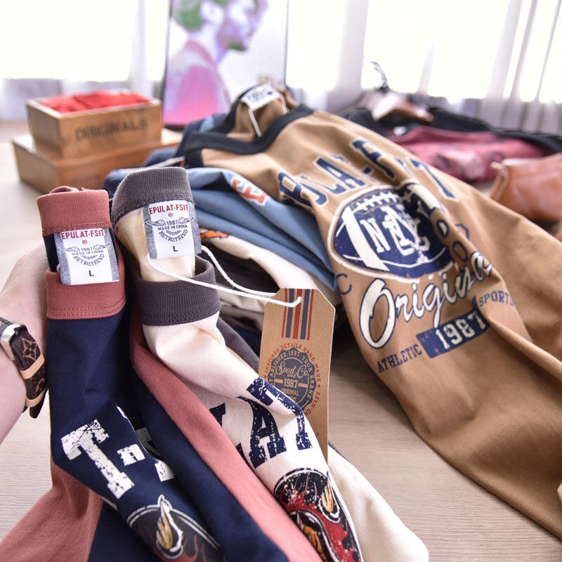 Thoải Mái Cotton, Vải Bông Áo Thun Dài Tay Nam Cổ Điển Rộng Rãi Chia Cổ Tròn Áo Sơ Mi Đáy Tay Áo Thun Cổ Vai Sáng Tạo