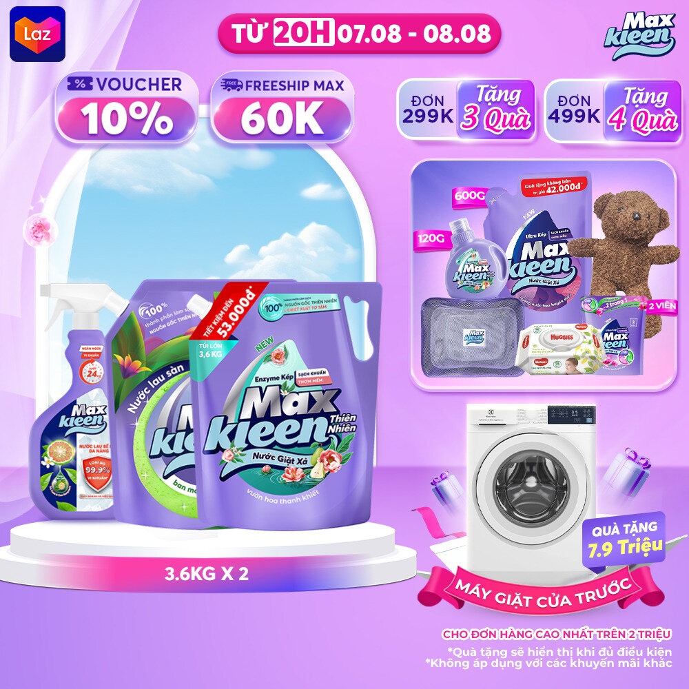 Combo túi nước lau sàn 3.6kg + túi nước giặt xả maxkleen thiên nhiên 3.6kg + chai nước lau bề mặt đa năng